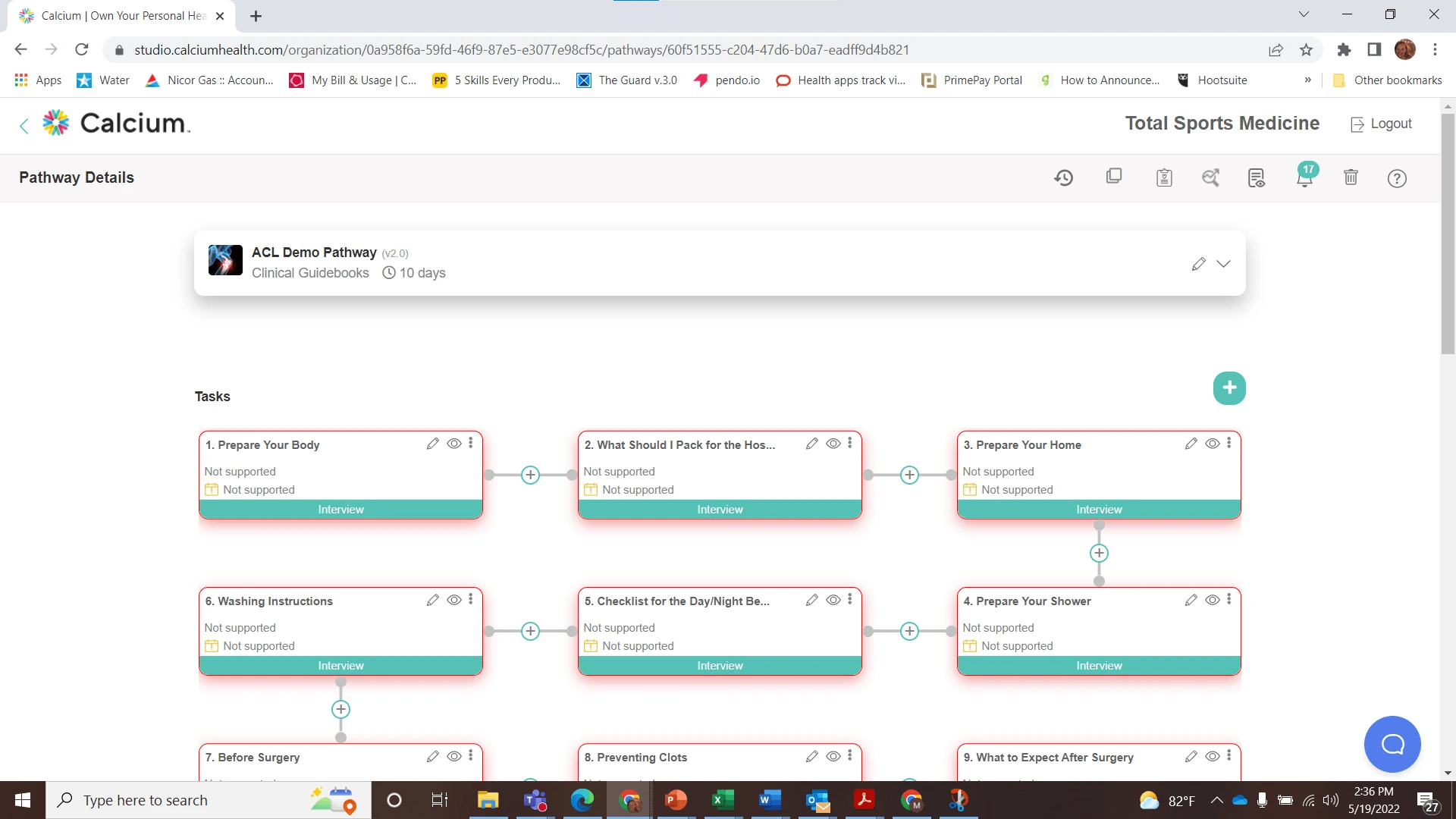 Screenshot of the Calcium Health platform showing an ACL Demo Pathway with a visual task flow, including steps like 'Prepare Your Body,' 'Prepare Your Home,' and 'Washing Instructions.' Each task is labeled as 'Not supported' with an 'Interview' option.