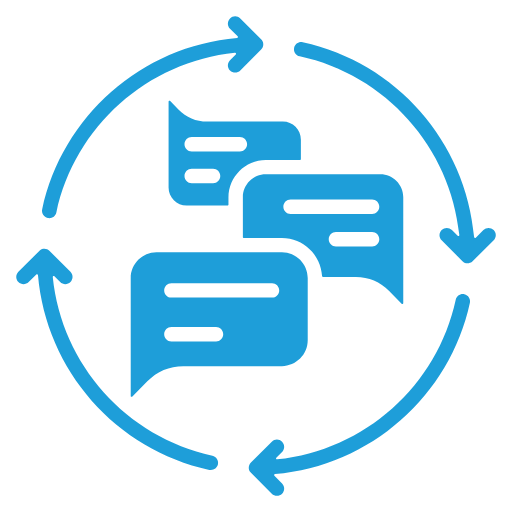 Cycle of conversation shown with blue arrows and speech bubbles