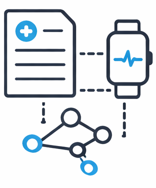 Mobile screen showing the Calcium app's HealthIndex interface with a score of 107, surrounded by icons representing different health metrics like activity, heart rate, temperature, and goals. Below, a progress card for 'Week 1 with your calcium coach' and a 'Get Connected' section are visible.