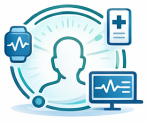 Mobile screen showing the Calcium app's HealthIndex interface with a score of 107, surrounded by icons representing different health metrics like activity, heart rate, temperature, and goals. Below, a progress card for 'Week 1 with your calcium coach' and a 'Get Connected' section are visible.