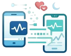 Calcium app interface displayed on a laptop and two smartphones, showing dashboard analytics with alert and invite status charts, and health tracking features like medication doses and step counts.