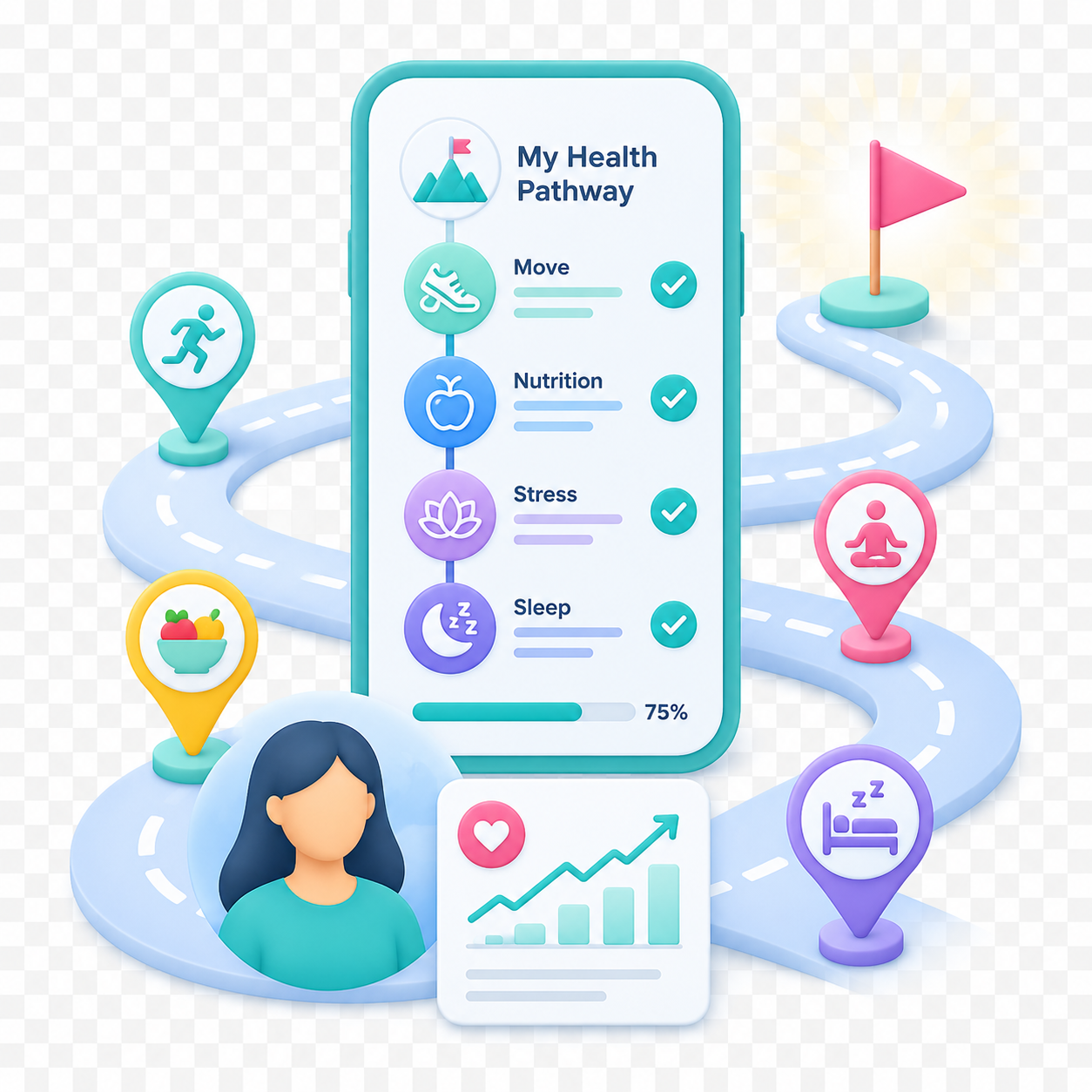Mobile screen showing the Calcium app's HealthIndex interface with a score of 107, surrounded by icons representing different health metrics like activity, heart rate, temperature, and goals. Below, a progress card for 'Week 1 with your calcium coach' and a 'Get Connected' section are visible.