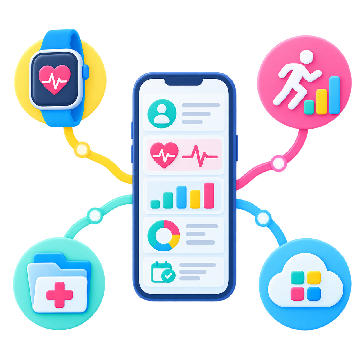 Mobile screen showing the Calcium app's HealthIndex interface with a score of 107, surrounded by icons representing different health metrics like activity, heart rate, temperature, and goals. Below, a progress card for 'Week 1 with your calcium coach' and a 'Get Connected' section are visible.