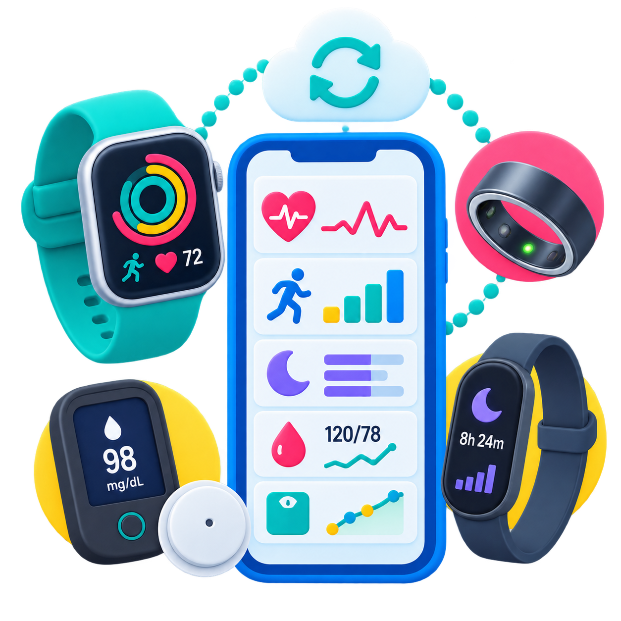 Calcium app interface displayed on a laptop and two smartphones, showing dashboard analytics with alert and invite status charts, and health tracking features like medication doses and step counts.