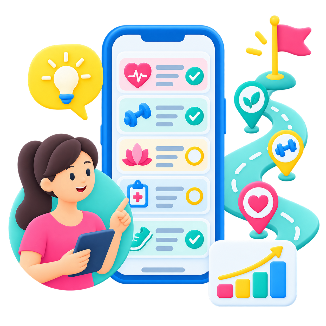 Mobile screen showing the Calcium app's HealthIndex interface with a score of 107, surrounded by icons representing different health metrics like activity, heart rate, temperature, and goals. Below, a progress card for 'Week 1 with your calcium coach' and a 'Get Connected' section are visible.