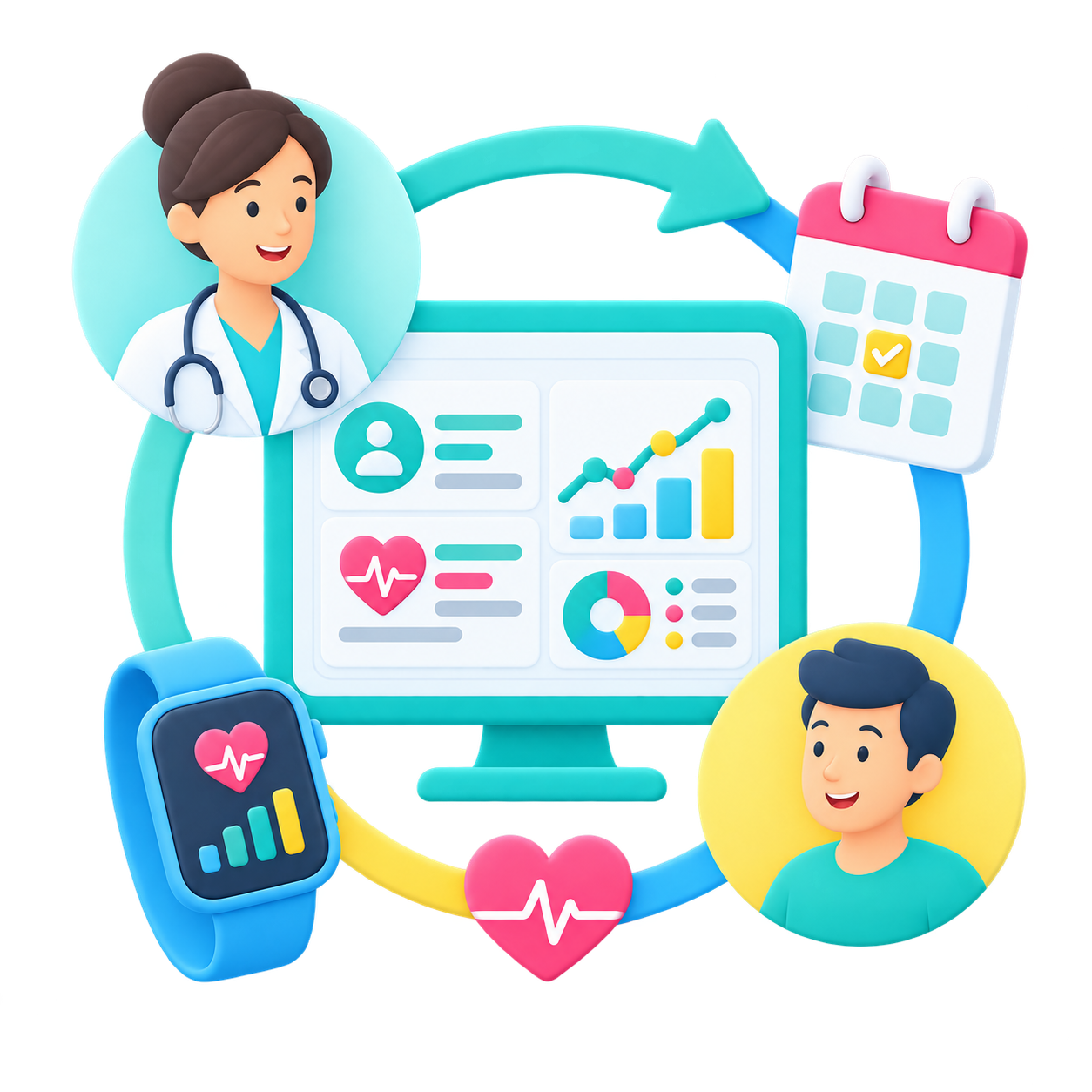 Calcium app interface displayed on a laptop and two smartphones, showing dashboard analytics with alert and invite status charts, and health tracking features like medication doses and step counts.