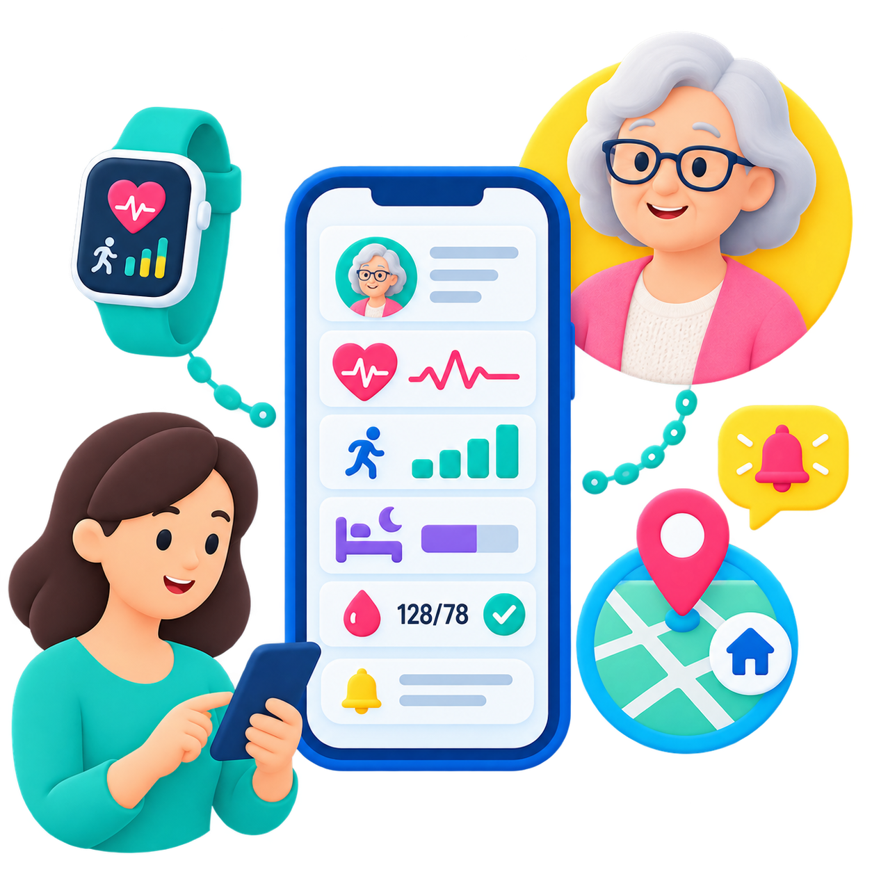 Mobile screen showing the Calcium app's HealthIndex interface with a score of 107, surrounded by icons representing different health metrics like activity, heart rate, temperature, and goals. Below, a progress card for 'Week 1 with your calcium coach' and a 'Get Connected' section are visible.