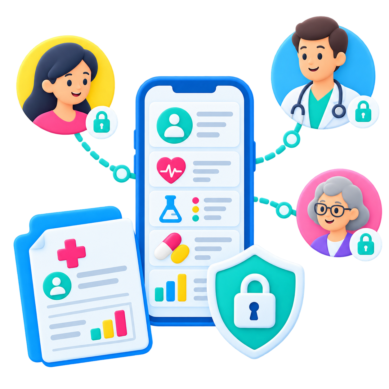 Mobile screen showing the Calcium app's HealthIndex interface with a score of 107, surrounded by icons representing different health metrics like activity, heart rate, temperature, and goals. Below, a progress card for 'Week 1 with your calcium coach' and a 'Get Connected' section are visible.