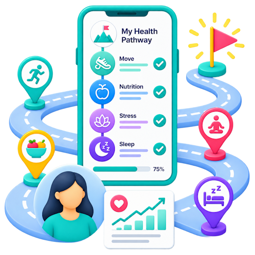 Mobile screen showing the Calcium app's HealthIndex interface with a score of 107, surrounded by icons representing different health metrics like activity, heart rate, temperature, and goals. Below, a progress card for 'Week 1 with your calcium coach' and a 'Get Connected' section are visible.