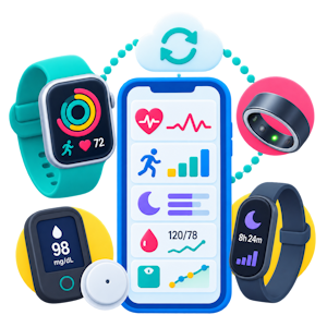 Calcium app interface displayed on a laptop and two smartphones, showing dashboard analytics with alert and invite status charts, and health tracking features like medication doses and step counts.