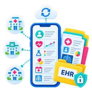 Mobile screen showing the Calcium app's HealthIndex interface with a score of 107, surrounded by icons representing different health metrics like activity, heart rate, temperature, and goals. Below, a progress card for 'Week 1 with your calcium coach' and a 'Get Connected' section are visible.