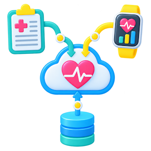 Mobile screen showing the Calcium app's HealthIndex interface with a score of 107, surrounded by icons representing different health metrics like activity, heart rate, temperature, and goals. Below, a progress card for 'Week 1 with your calcium coach' and a 'Get Connected' section are visible.