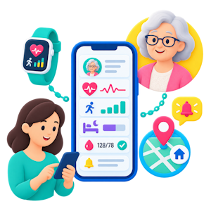 Mobile screen showing the Calcium app's HealthIndex interface with a score of 107, surrounded by icons representing different health metrics like activity, heart rate, temperature, and goals. Below, a progress card for 'Week 1 with your calcium coach' and a 'Get Connected' section are visible.