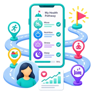 Mobile screen showing the Calcium app's HealthIndex interface with a score of 107, surrounded by icons representing different health metrics like activity, heart rate, temperature, and goals. Below, a progress card for 'Week 1 with your calcium coach' and a 'Get Connected' section are visible.